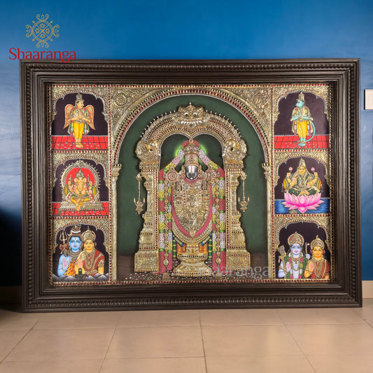 40x53  Customised Lord Venkateshwara Swamy Tanjore Painting with Divine Assembly – Shaaranga Masterpiece