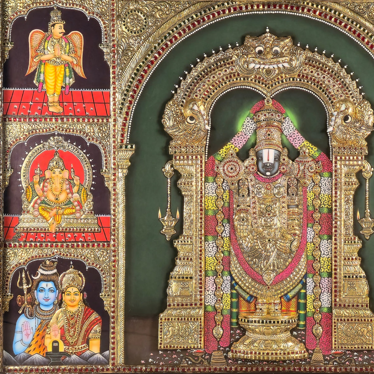 40x53  Customised Lord Venkateshwara Swamy Tanjore Painting with Divine Assembly – Shaaranga Masterpiece