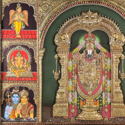 40x53  Customised Lord Venkateshwara Swamy Tanjore Painting with Divine Assembly – Shaaranga Masterpiece