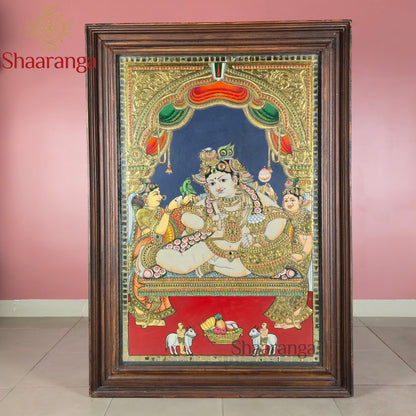 40x30 Inches  Butter Krishna Tanjore Painting - Navaneeta Krishna