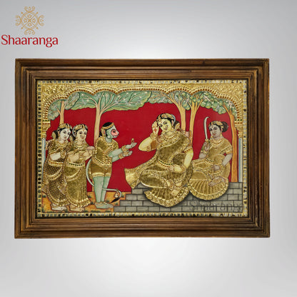 Hanuman Offering Sri Rama’s Ring to Sita Devi Ashoka Vatika Episode – Rare Narrative Tanjore Masterpiece with Non Gold work