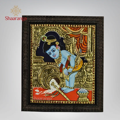 14x12 Inches Butter Krishna Tanjore Painting with 22K Gold Work