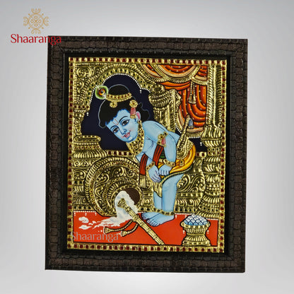 14x12 Inches Butter Krishna Tanjore Painting with 22K Gold Work