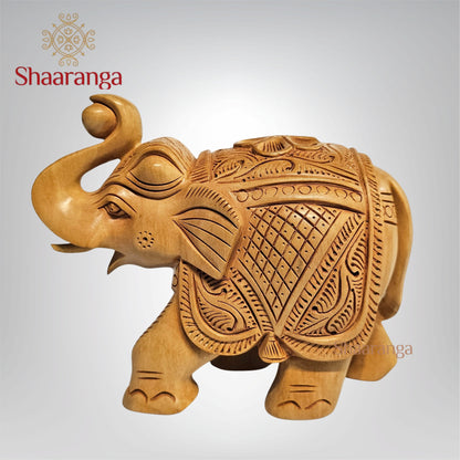5.5 Inches Wooden Elephant with Carving – A Compact Expression of Traditional Art