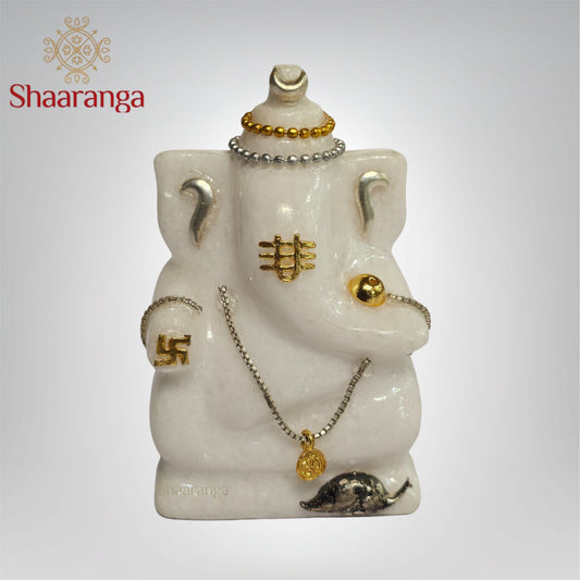 4.5 Inches Marble Abstract Ganesha Embellished with Metal Jewelry