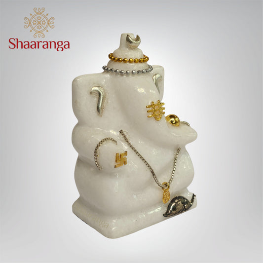 4.5 Inches Marble Abstract Ganesha Embellished with Metal Jewelry