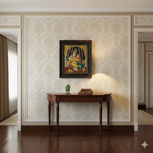 15x13 Inches Radha Krishna Swing Tanjore Painting with 22k Gold work