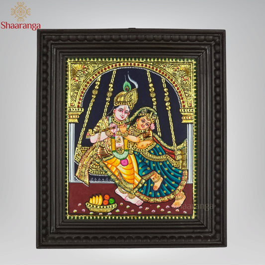 15x13 Inches Radha Krishna Swing Tanjore Painting with 22k Gold work