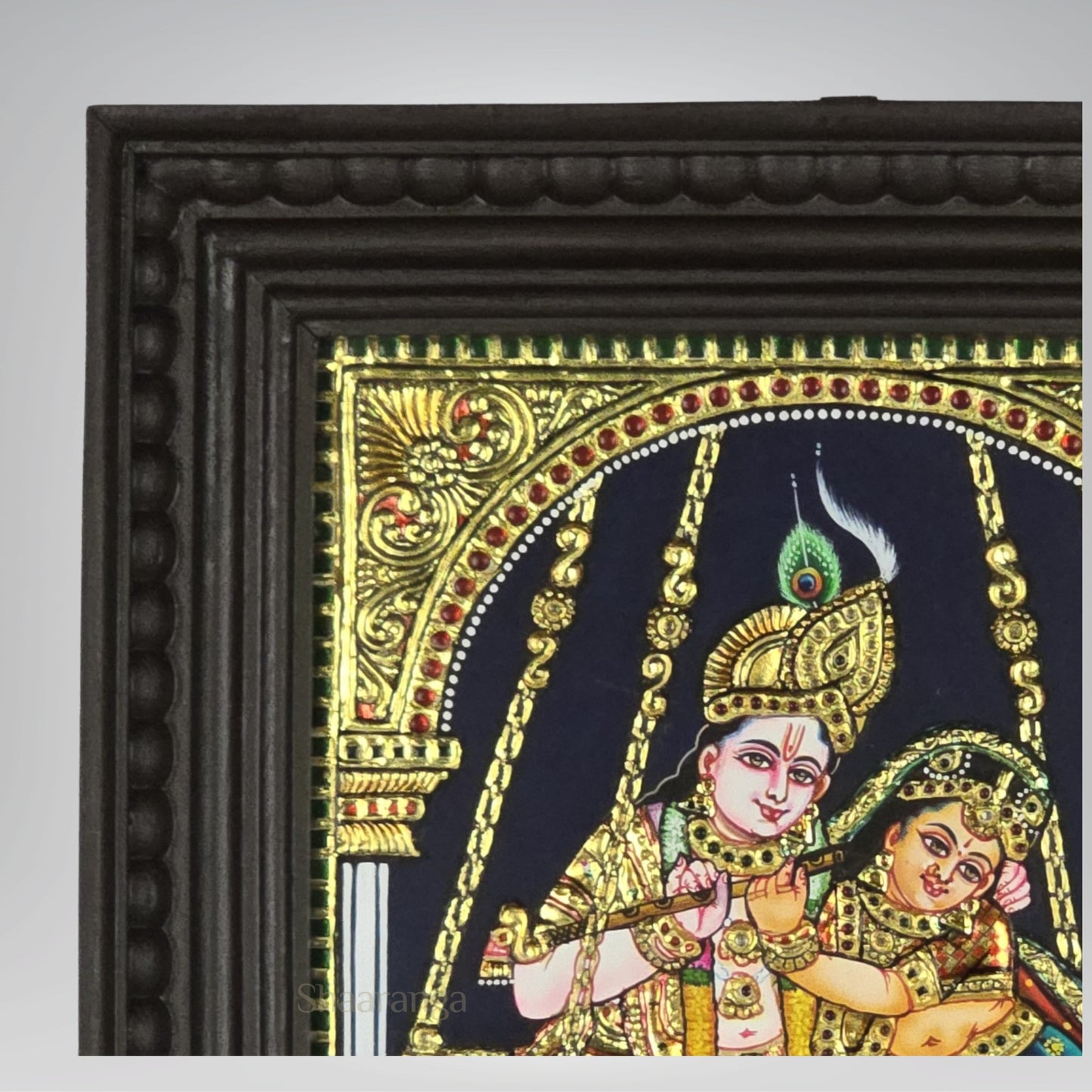15x13 Inches Radha Krishna Swing Tanjore Painting with 22k Gold work