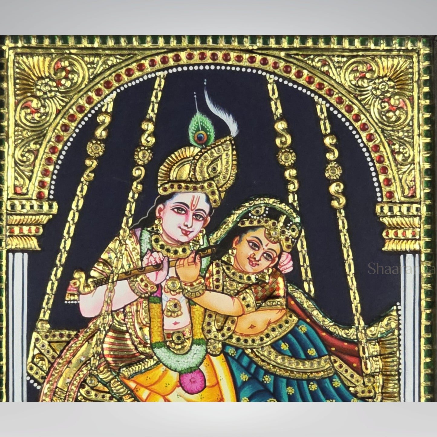 15x13 Inches Radha Krishna Swing Tanjore Painting with 22k Gold work