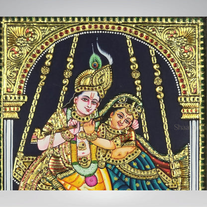 15x13 Inches Radha Krishna Swing Tanjore Painting with 22k Gold work