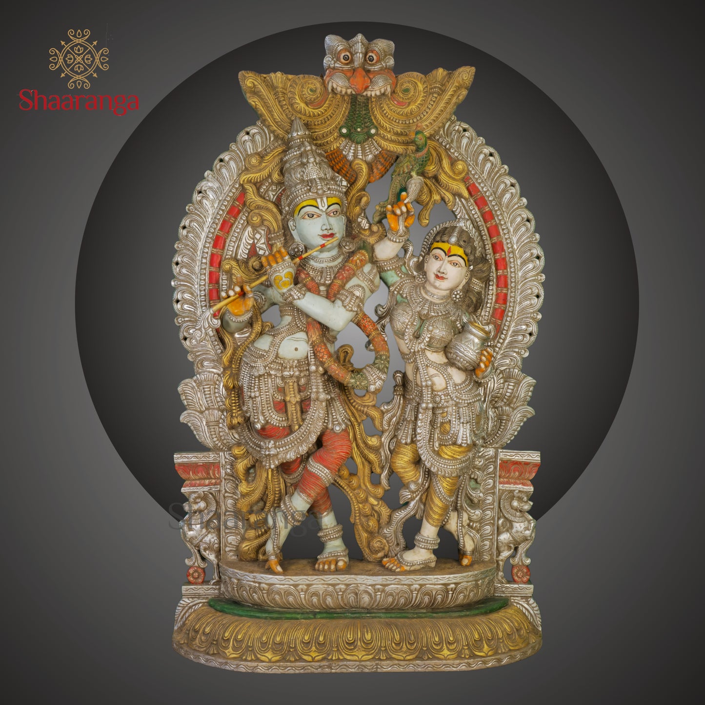 Radha–Krishna with Ornate Arch | Monumental Wooden Sculpture (85 × 57 Inches)
