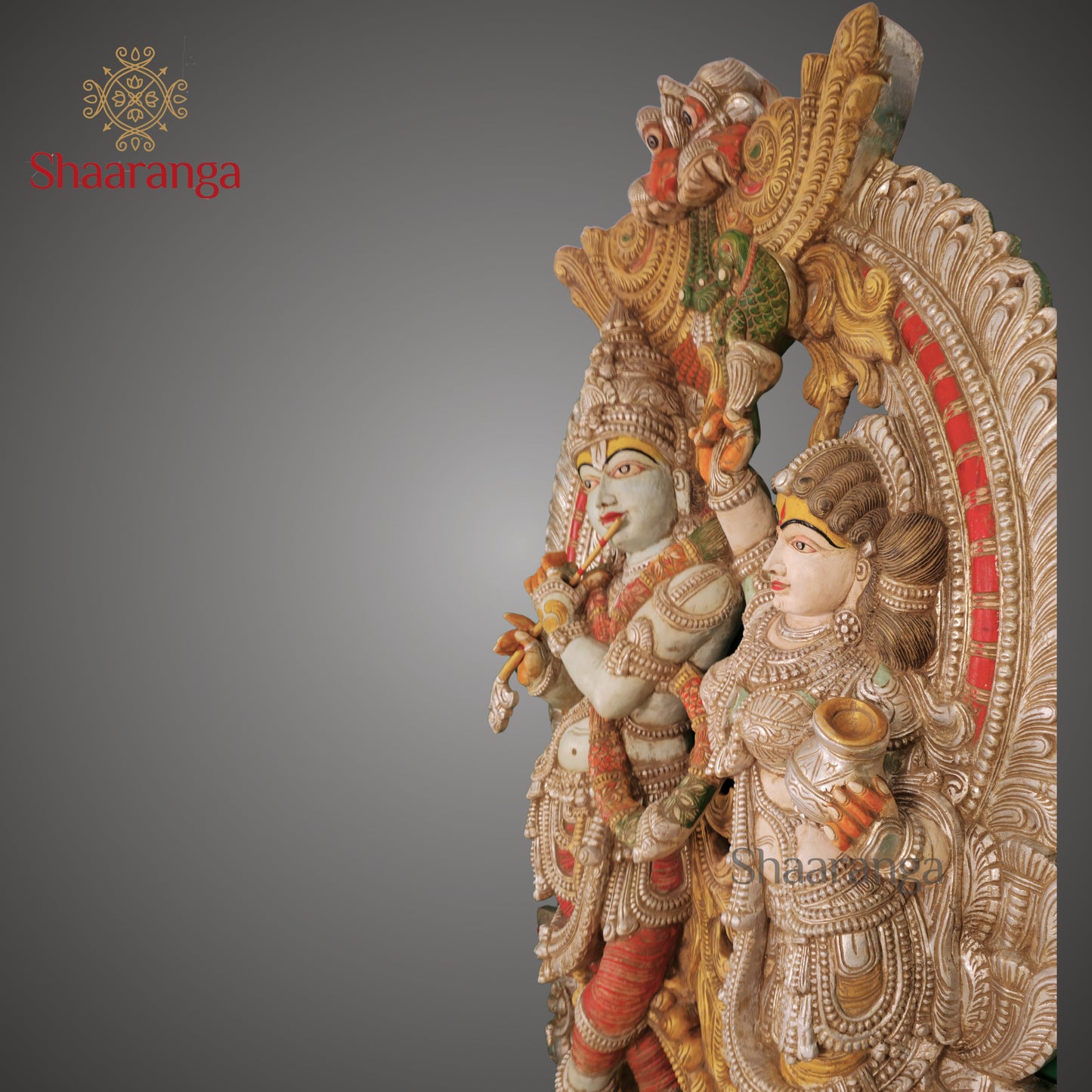 Radha–Krishna with Ornate Arch | Monumental Wooden Sculpture (85 × 57 Inches)