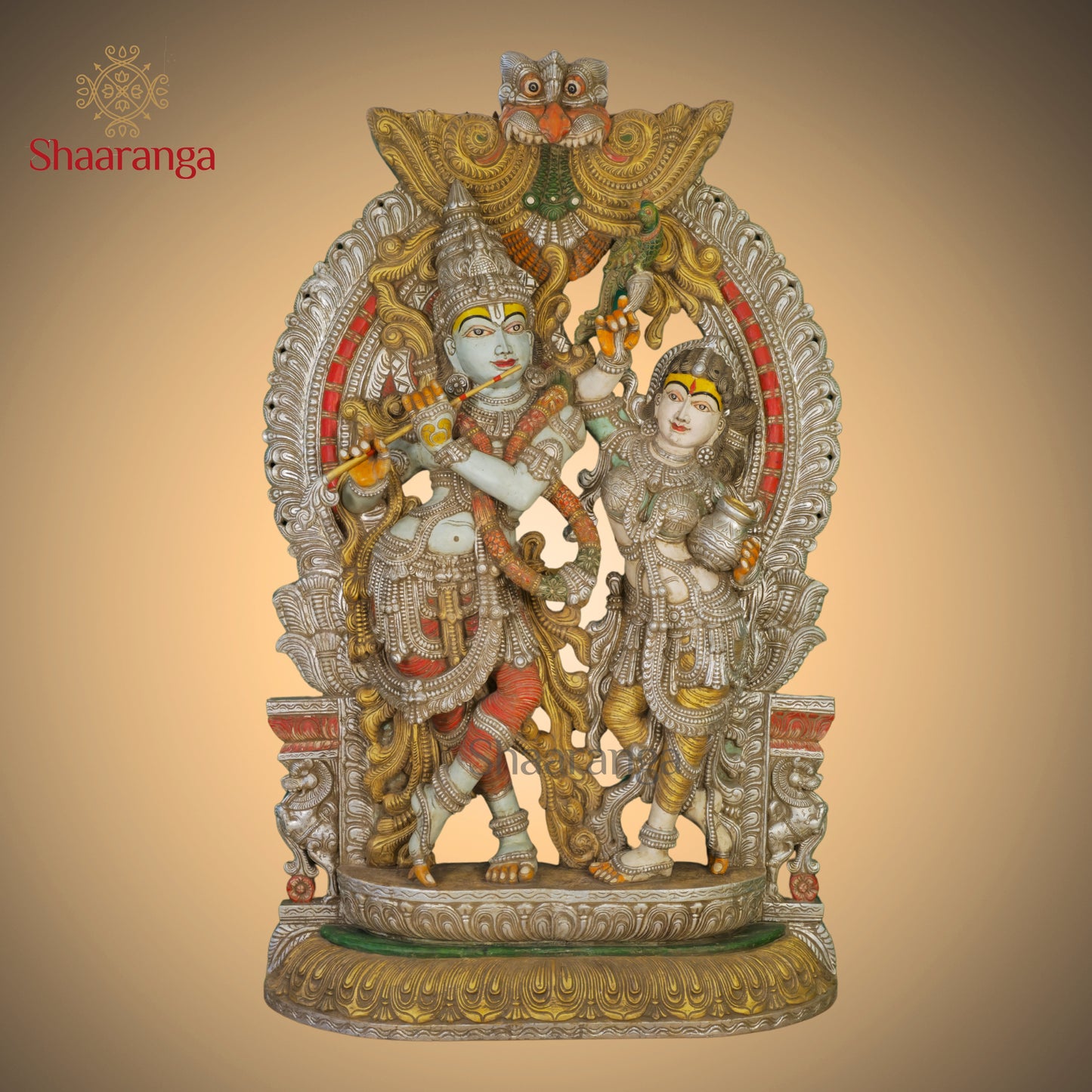 Radha–Krishna with Ornate Arch | Monumental Wooden Sculpture (85 × 57 Inches)