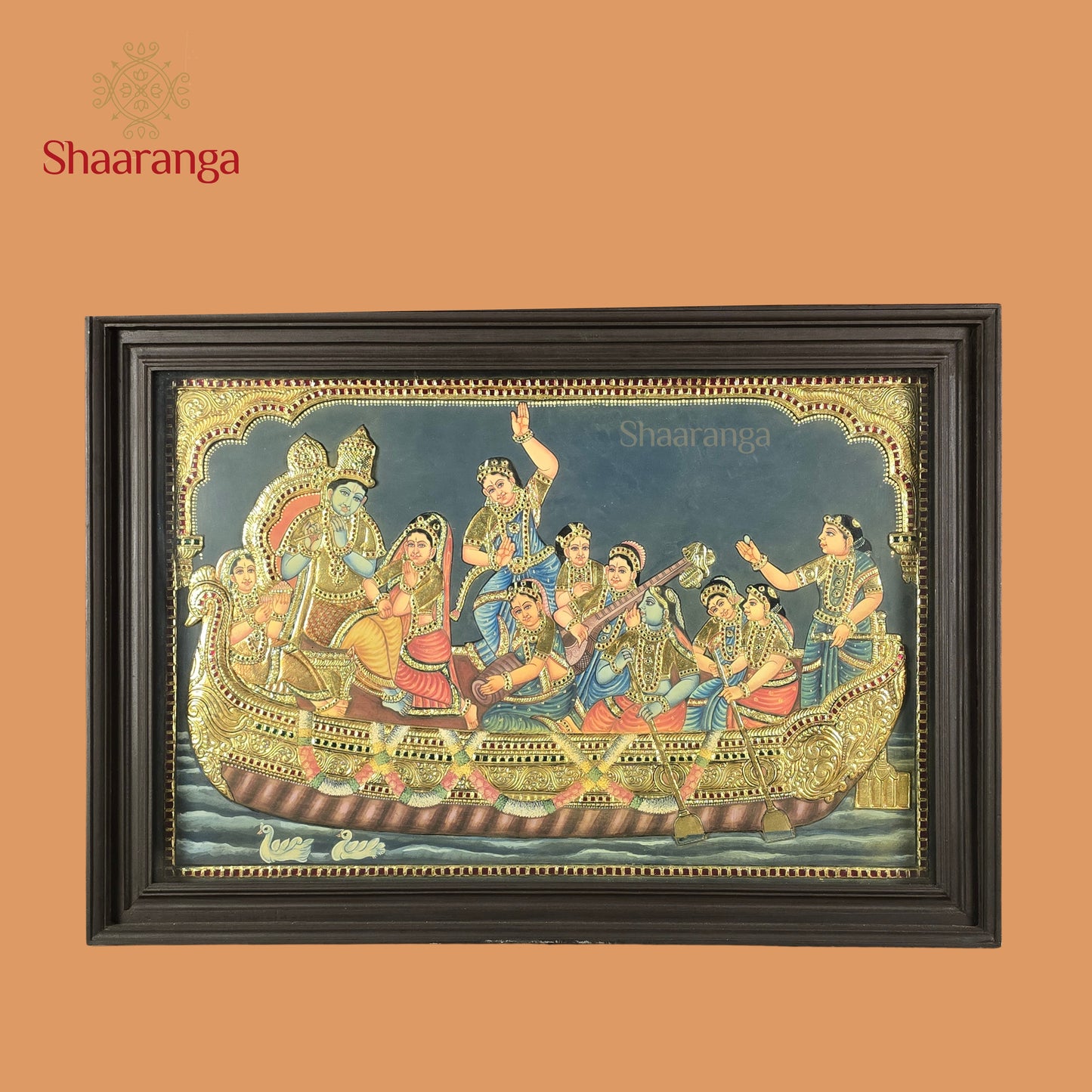 28 x 40 Inches Krishna Leela Tanjore Painting with Gopikas | 22K Gold Embossed Art