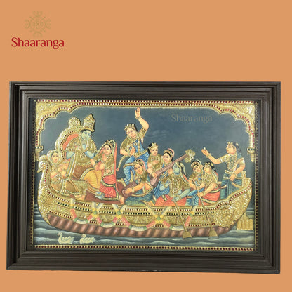 28 x 40 Inches Krishna Leela Tanjore Painting with Gopikas | 22K Gold Embossed Art