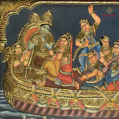 28 x 40 Inches Krishna Leela Tanjore Painting with Gopikas | 22K Gold Embossed Art