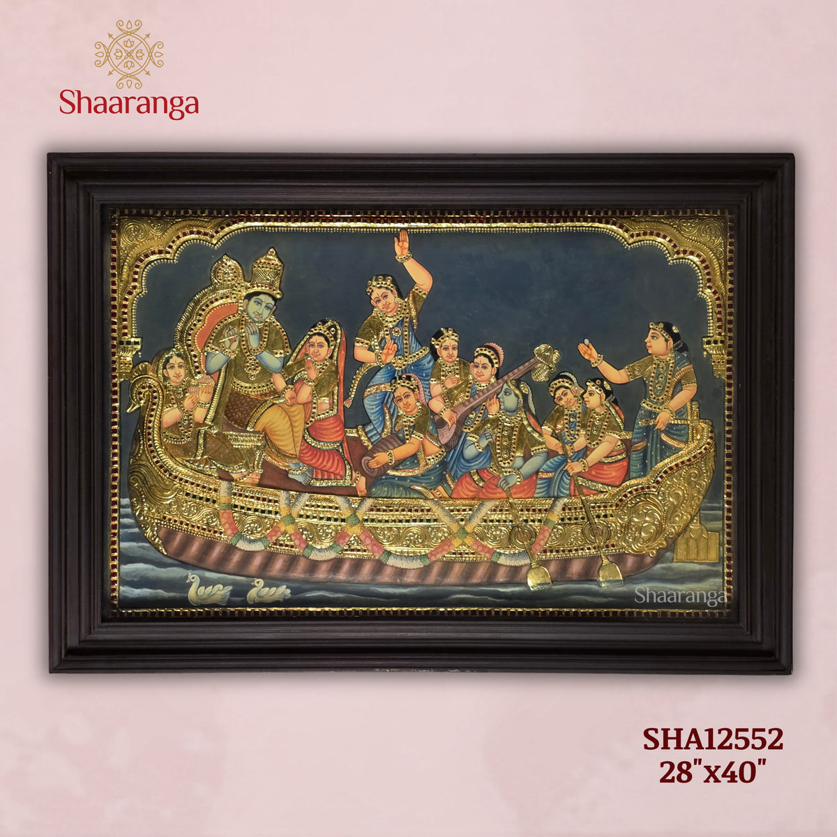 28 x 40 Inches Krishna Leela Tanjore Painting with Gopikas | 22K Gold Embossed Art