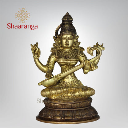 11 Inches Brass Saraswathi devi Idol Sitting on Base.