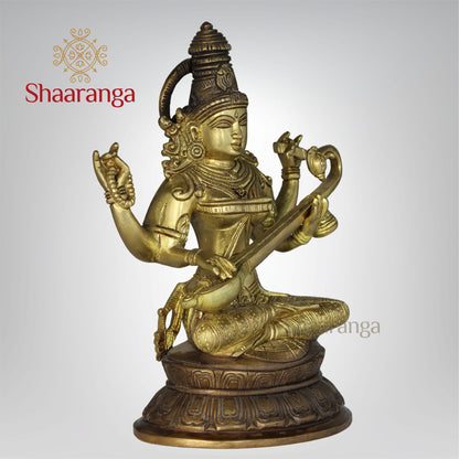 11 Inches Brass Saraswathi devi Idol Sitting on Base.