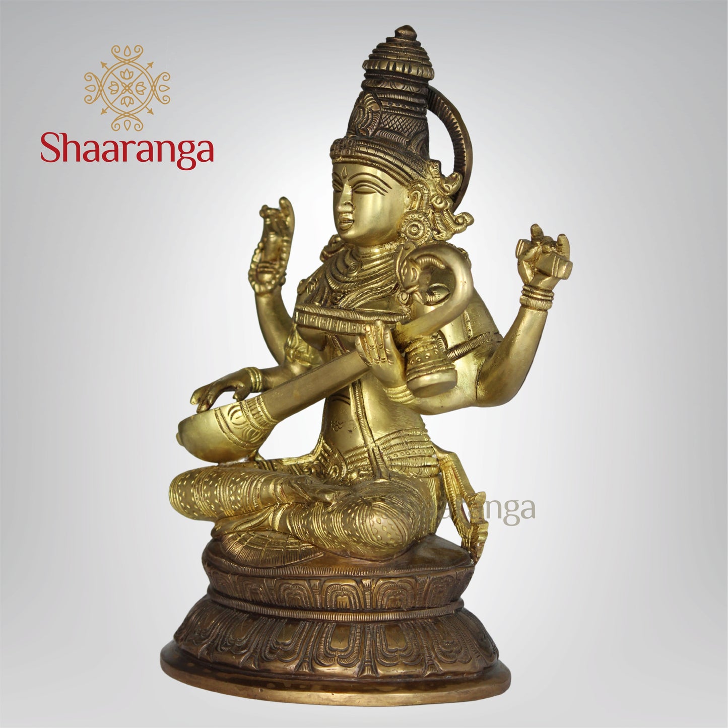 11 Inches Brass Saraswathi devi Idol Sitting on Base.