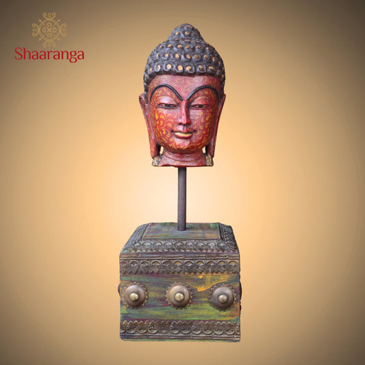 15 Inches Decorative Buddha Head Sculpture with Period-Inspired Base
