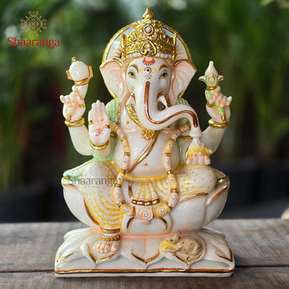 15 Inches Marble Ganesh Sitting Idol | Premium White Marble Sculpture