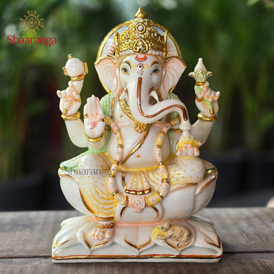 15 Inches Marble Ganesh Sitting Idol | Premium White Marble Sculpture