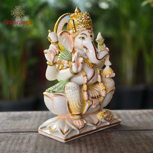 15 Inches Marble Ganesh Sitting Idol | Premium White Marble Sculpture