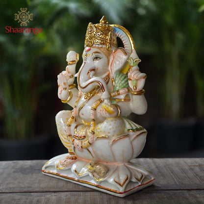 15 Inches Marble Ganesh Sitting Idol | Premium White Marble Sculpture