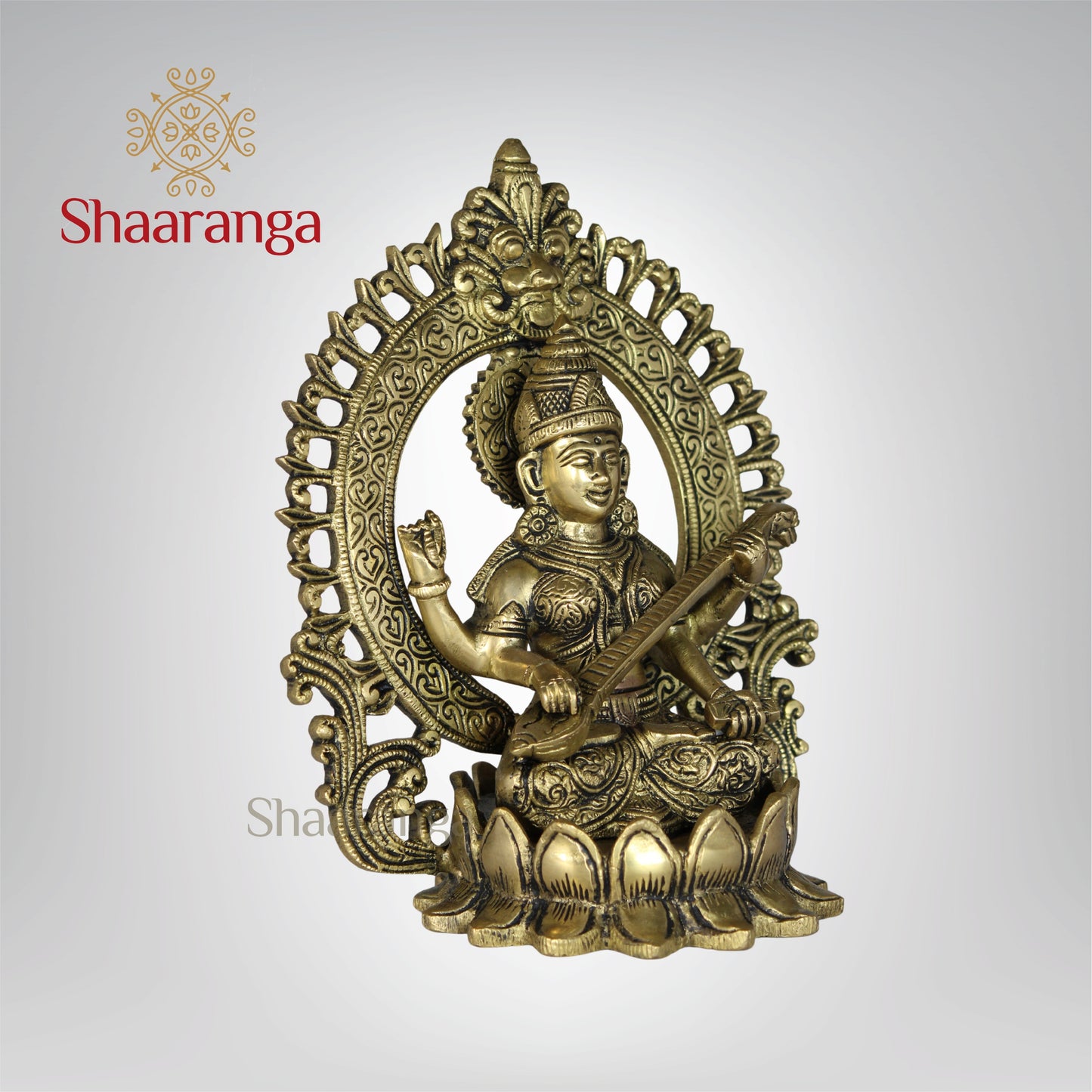 9.5 Inches Brass Lotus Saraswathi devi idol with Arch