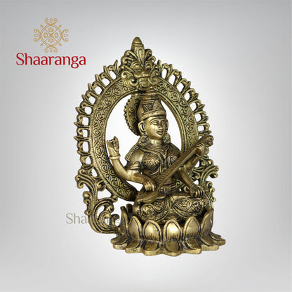 9.5 Inches Brass Lotus Saraswathi devi idol with Arch