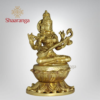 9 Inches Brass Saraswathi devi Idol  Sitting on Lotus Base