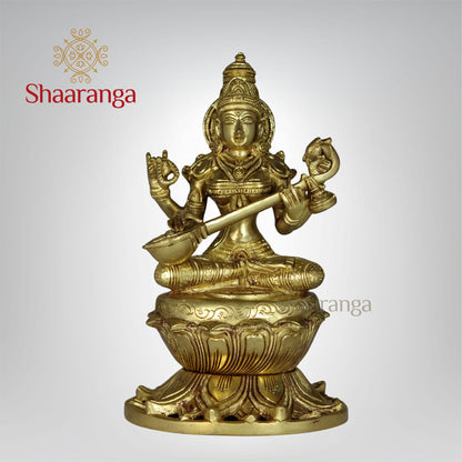 9 Inches Brass Saraswathi devi Idol  Sitting on Lotus Base