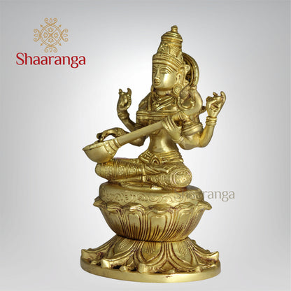 9 Inches Brass Saraswathi devi Idol  Sitting on Lotus Base