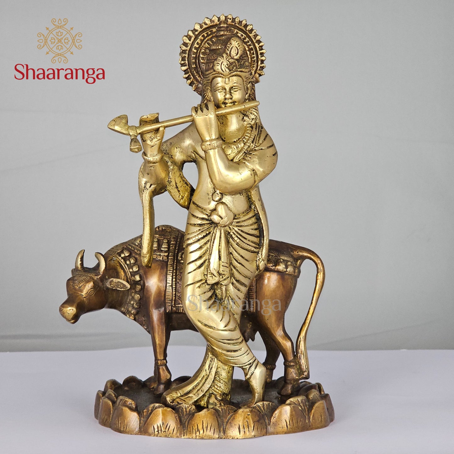 11 Inches Brass Krishna Idol with Cow in Two-Tone Finish