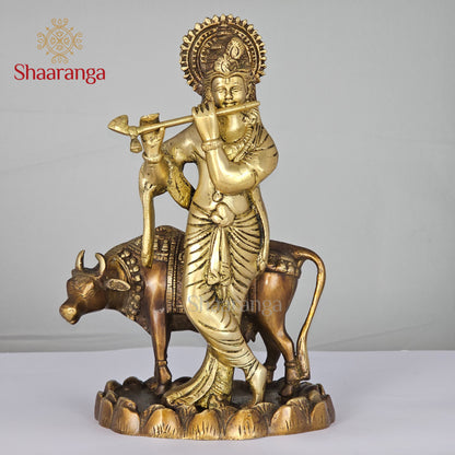 11 Inches Brass Krishna Idol with Cow in Two-Tone Finish