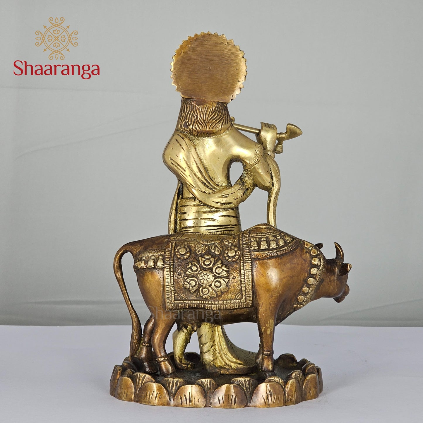 11 Inches Brass Krishna Idol with Cow in Two-Tone Finish