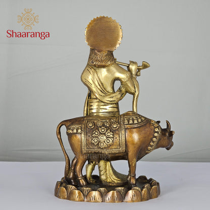 11 Inches Brass Krishna Idol with Cow in Two-Tone Finish