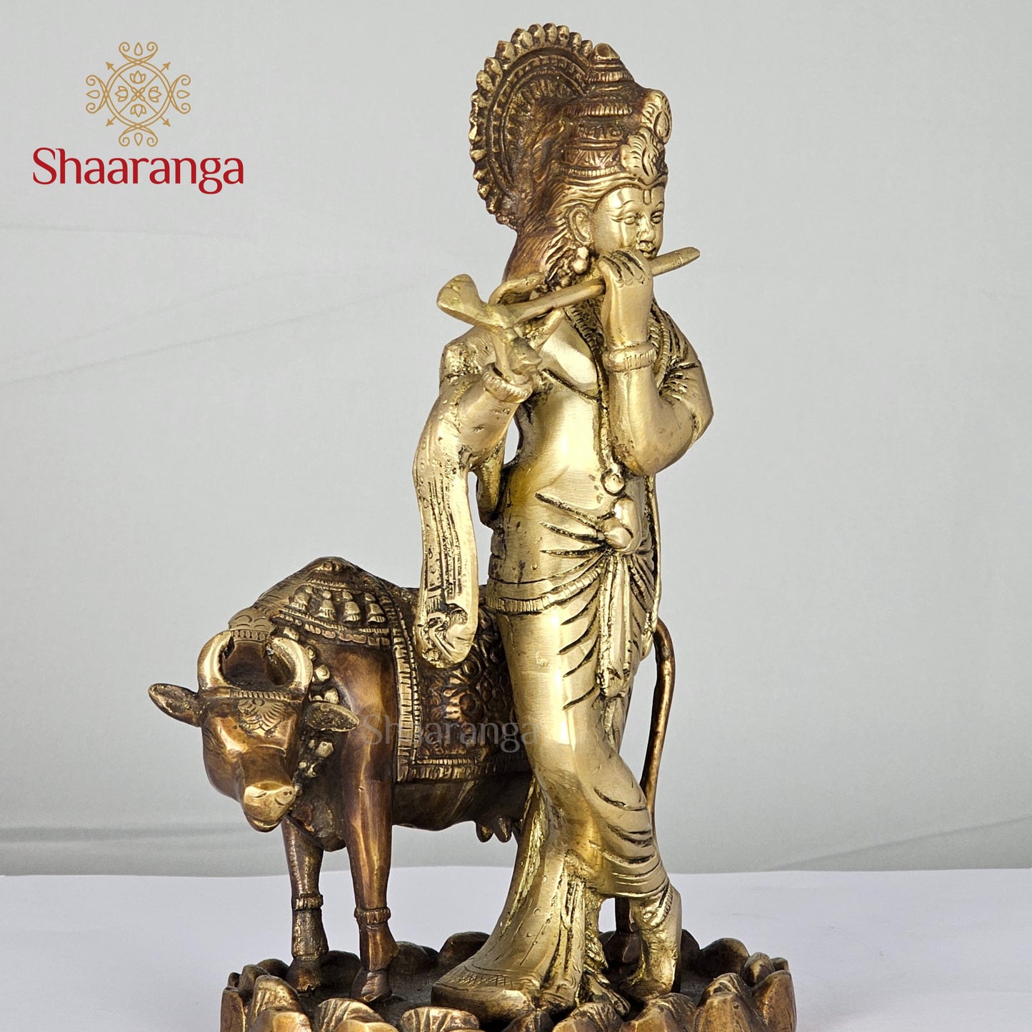 11 Inches Brass Krishna Idol with Cow in Two-Tone Finish