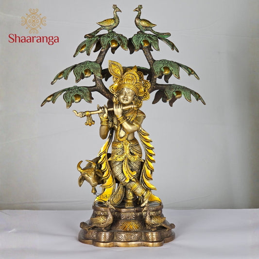 19 Inch Brass Cow Krishna Idol  with Tree