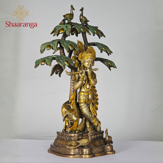 19 Inch Brass Cow Krishna Idol  with Tree