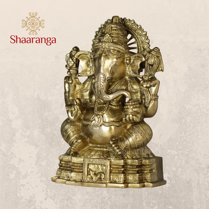 11 Inches Brass Ganesha Idol Sitting On Base.