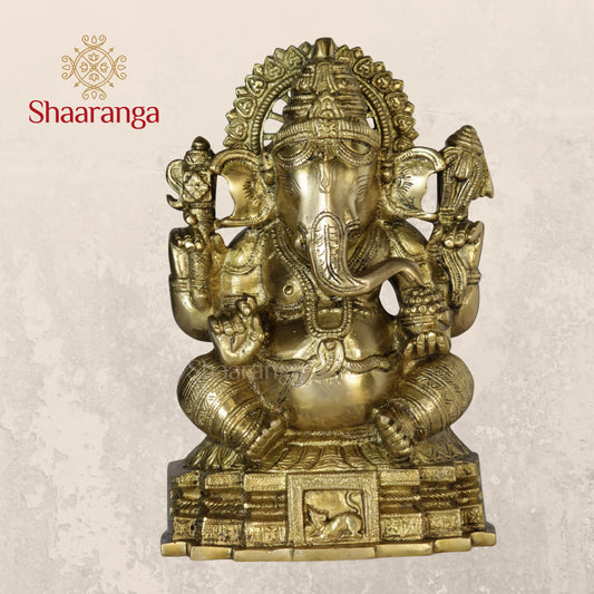 11 Inches Brass Ganesha Idol Sitting On Base.
