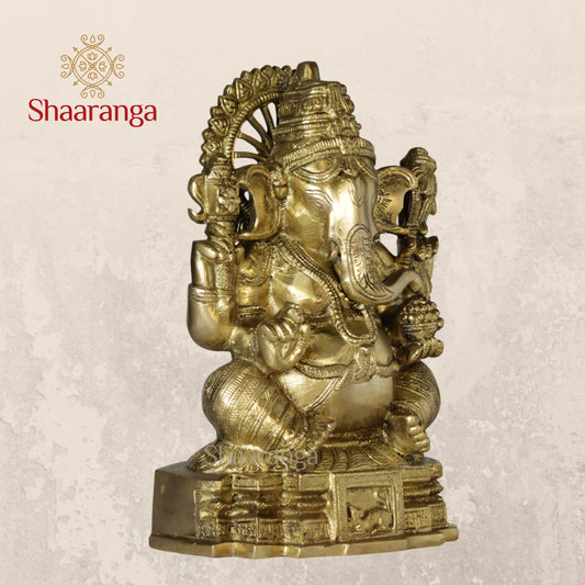 11 Inches Brass Ganesha Idol Sitting On Base.