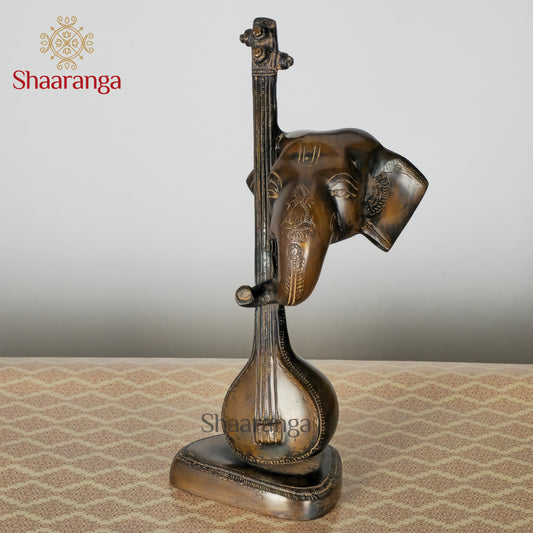 12 Inches Brass Veena Ganesh - Handcrafted Musical Deity Idol