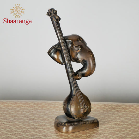 12 Inches Brass Veena Ganesh - Handcrafted Musical Deity Idol