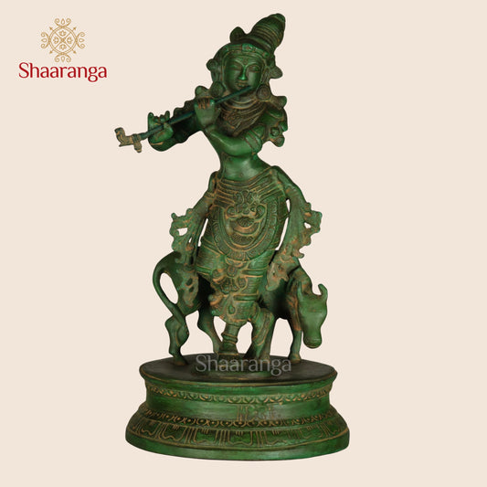 10 Inches Brass Krishna Idol - Premium Handcrafted Deity Statue