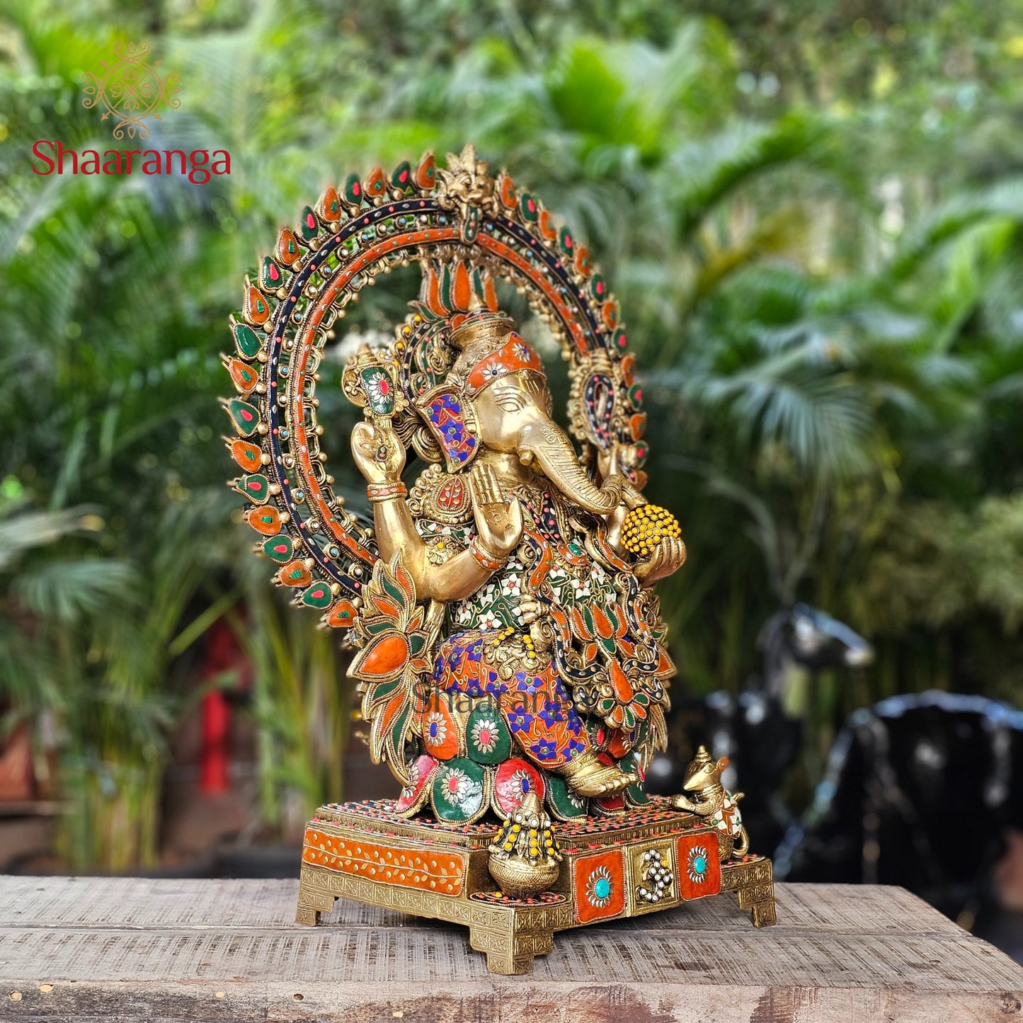 29 Inches Brass Ganesha Idol with Arch with Stone work.