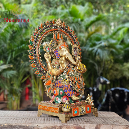 29 Inches Brass Ganesha Idol with Arch with Stone work.